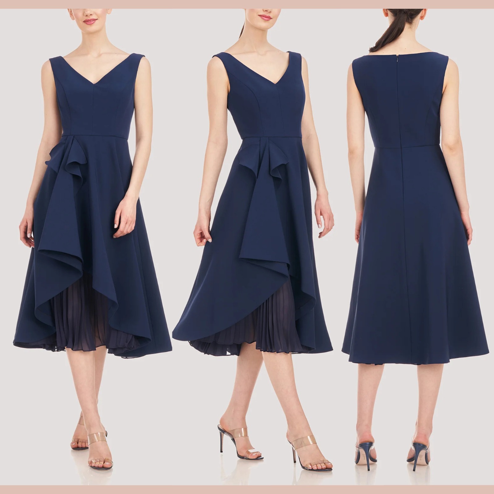 New $298 Kay Unger [ 4 ] Begonia V Neck Midi Dress In Dark Midnight Blue #Q1272